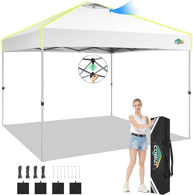 COBIZI 10x10 Pop Up Canopy Tent, Outdoor Party Tent Without Sidewall One Push Setup Glow, 3 Adjustable Height Air Vent Waterproof UPF50+, Bag, 4 Sandbag, 8 Stake, 4 Rope for Beach, Commercial