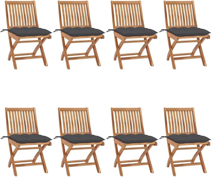 Folding Patio Chairs with Cushions 8 pcs,Portable Camping Chair,Outdoor Lounge Chair,Bistro Table and Chairs outdoor,Garden Chair,Outdoor Dining Chairs,Features 2 Sets of Ropes, Solid Teak Wood