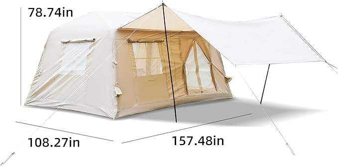 KEIKI Oxford Hot Tent for Camping, 2/3/4/6/8 Person Large Inflatable Tents w/Detachable Canopy, 4 Season Waterproof Tent for Hike Backpacking, Stove Jack AC Port, Mesh Doors Windows, Pump, Easy Setup