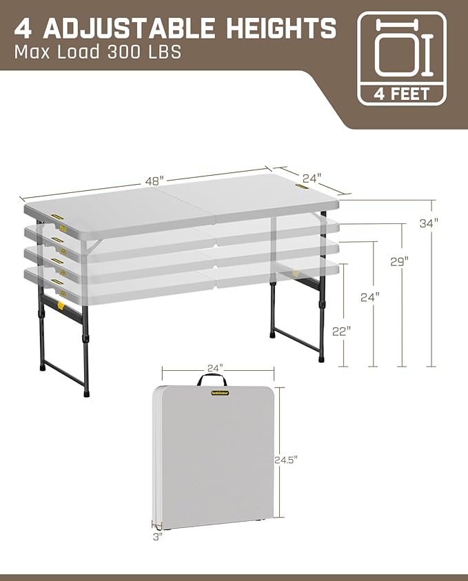 FanttikOutdoor Folding Table 4 Foot, Effortless Quick Adjustable Height Foldable Small Card Table, Fixing Lock, Stable for Party Dining Events Picnic Indoor Outdoor Camping, 1 Pack, Zeta X4 Pro Grey