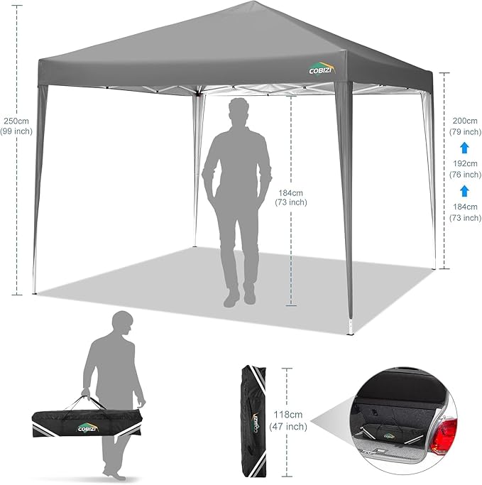 COBIZI 10x10 Pop Up Canopy Tent with 4 Sandbags, Easy Set Up Gazebo, Instant Outdoor Sun Shelter with 8 Stakes,4 Ropes&Carry Bag, Tent for Parties, Beach, Backyard,Camping(Gray