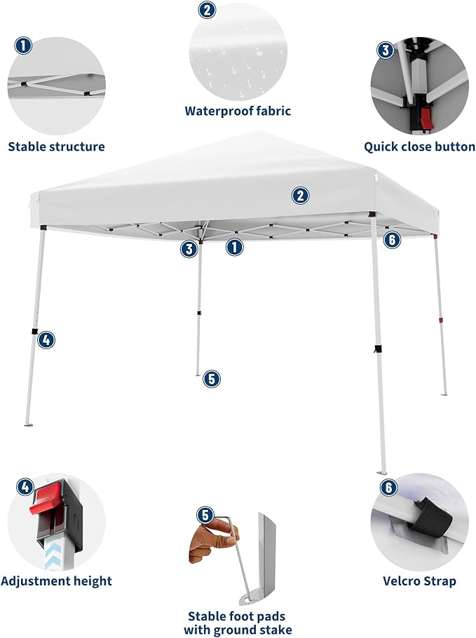 Canopy Tent, GarveeLife 10X10 FT Pop Up Canopy Outdoor Instant Tent Slant Legs with Carrying Bag, Portable Gazebo Shelter for Patio Deck Garden Beach - 8X8 FT Canopy Cover (White)