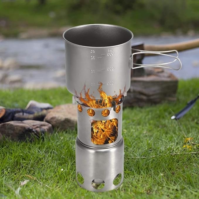 Titanium Camping Cookware Set Outdoor Wood Stove Outdoor Pot Folding Backpacking Camping Stove with 1100ml Pot Camping Tableware