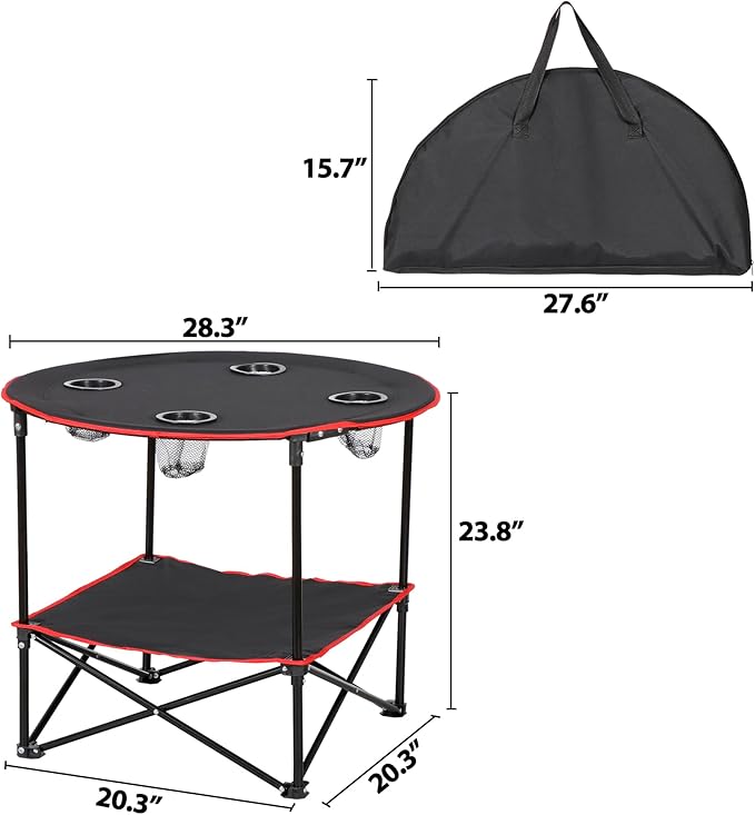 SUPER DEAL Portable Folding Picnic Camping Table with Storage Bag and 4 Cupholders, 2-Tiers Round Outdoor Camping Beach Table, Black