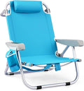 GYMAX Beach Chair, 330lbs Backpack Lounger with 5-Position Backrest, Storage Bag, Side Pocket, Towel Bar & Headrest, Foldable Low Beach Lounge, Portable Aluminum Lay Out Camp Chair (1, Light Blue)