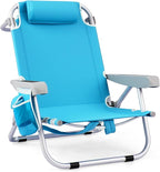 GYMAX Beach Chair, 330lbs Backpack Lounger with 5-Position Backrest, Storage Bag, Side Pocket, Towel Bar & Headrest, Foldable Low Beach Lounge, Portable Aluminum Lay Out Camp Chair (1, Light Blue)
