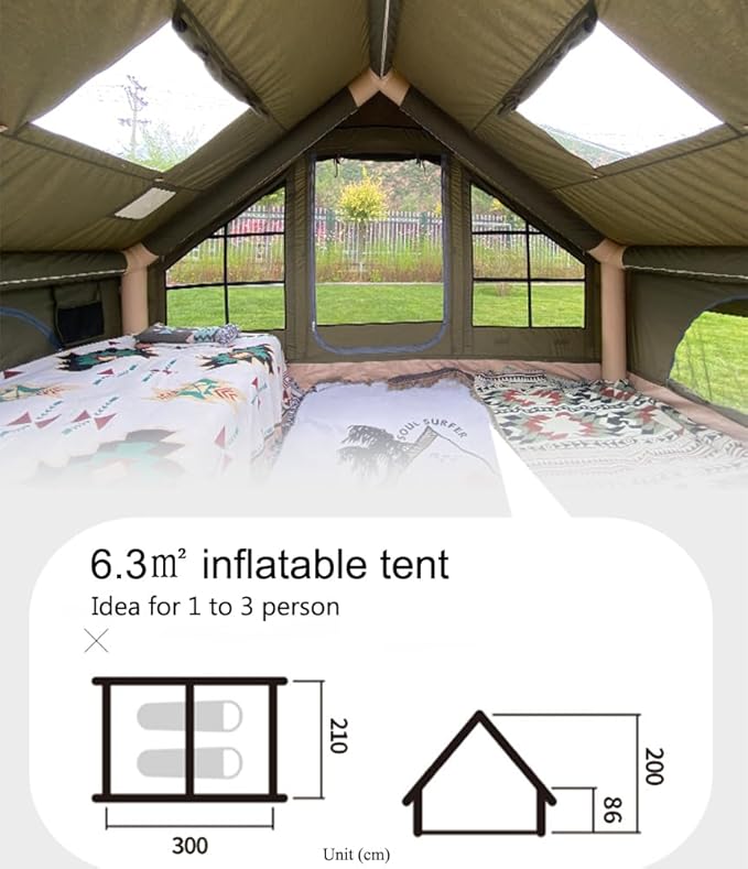Large Luxury Inflatable Camping Tent Cotton Canvas Tent, Breathable and Waterproof Air Tent with Skylight and Stove Jack Hole for for 4-6-8-10 Person Family Camping