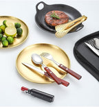 Silverware Flatware Cutlery Set, 304 Stainless Steel Outdoor Camping Tableware Set For Two, Wooden Handle Knife, Fork, Spoon, Steak Clip, Bottle Opener(Gold,12Set)