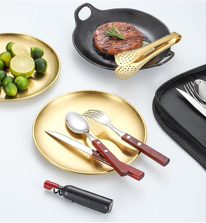 Silverware Flatware Cutlery Set, Outdoor Camping Two-Person Tableware Set 304 Stainless Steel Wooden Handle Knife, Fork, Spoon, Steak Clip, Bottle Opener,Brown gold-1Set
