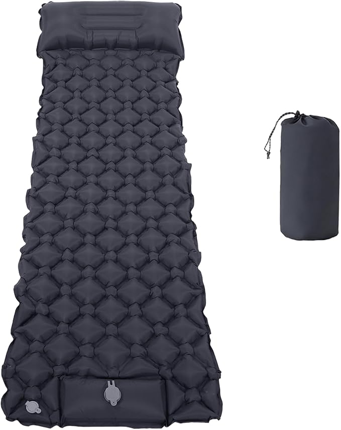 Sleeping Pad, 40D Nylon Camping Mat with Pillow, Built-in Foot Pump Inflatable Sleeping Mat Compact, Portable Waterproof Air Mattress for Outdoor Camping Hiking Backpacking, Single (Gray)