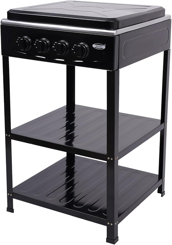 LPG/NG Gas Stove 4 Burner, Portable Natural Gas Stove Outdoor Camping BBQ Stove Gas Cooker with 2 Tier Storage Rack, for RV, Apartment, Outdoor Cooking (Black, 4-Burner)