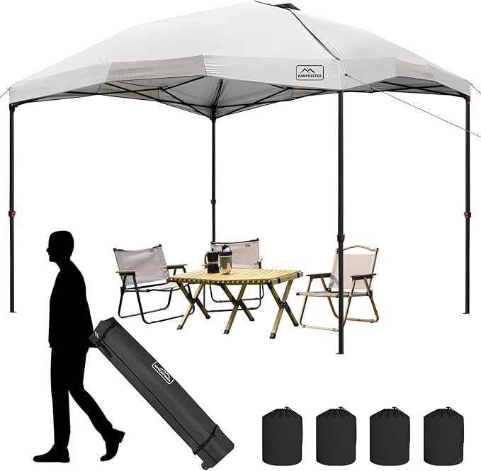 KAMPKEEPER 12x12 Pop Up Canopy Tent,Heavy Duty Outdoor Sun Shade for Events,Camping,Parties - Polygonal Patio Gazebo with Wheeled Bag,4 sandbags(White)