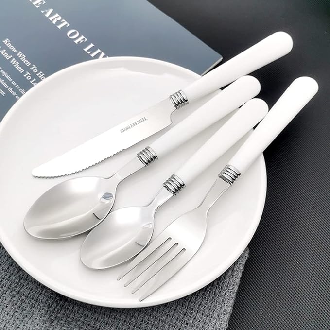 White Silverware Set for 12 Durable Stainless Steel Flatware Set 48 Piece Cutlery Tableware Utensils White Handle (ABS) Set Include Teaspoons Knives Forks and Spoons for Home Kitchen Christmas