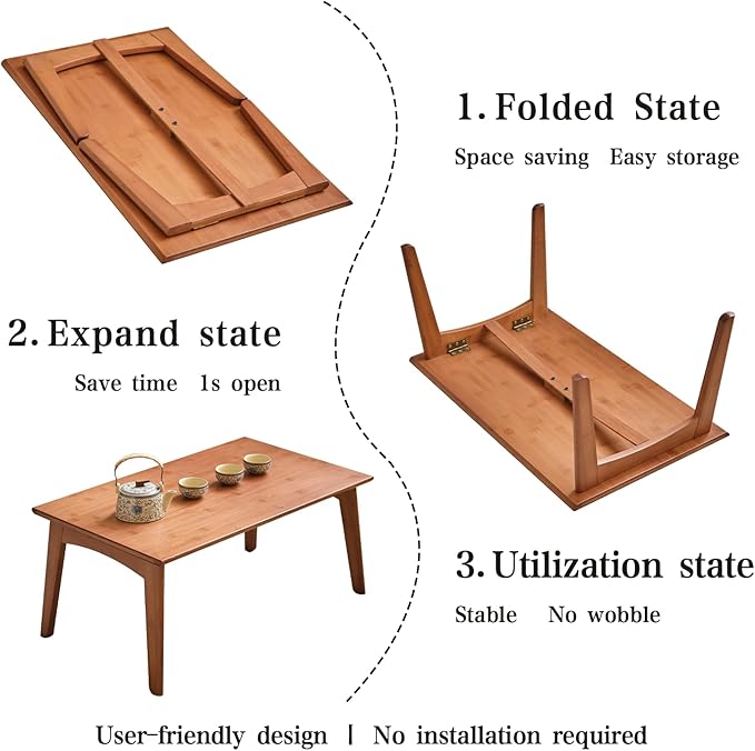 Japanese Floor Table No Assembly Required Bamboo Folding Walnut Coffee Table Bedroom 26x15.8x11.8in Furniture Low Tea Table for Sitting on The Floor Walnut Large