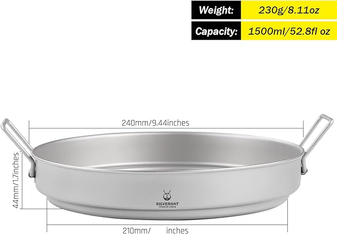 SILVERANT Camping Plate Titanium Pan Dish Plate with Handle & Mesh Bag, Large Reuseable Ultralight Dinner Plate for Camping Outdoors Backpacking (1500ML)