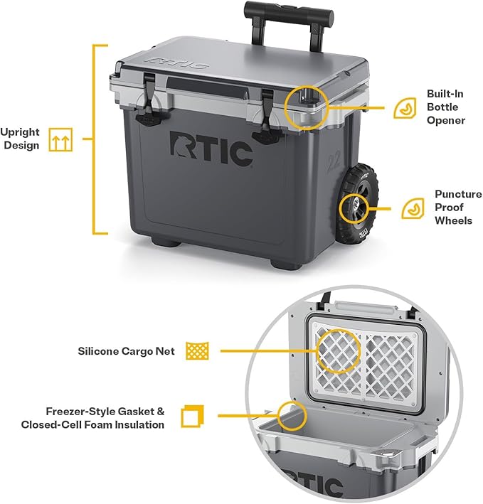 RTIC 22 QT Ultra-Light Wheeled Cooler with Handle, Hard Insulated Portable Ice Chest Box for Beach, Drink, Beverage, Camping, Picnic, Fishing, Boat, Barbecue