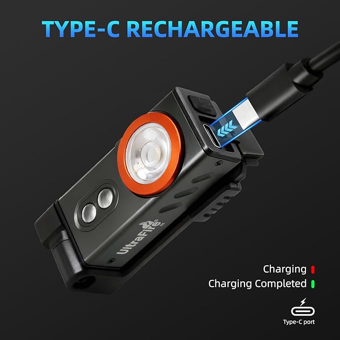 ULTRAFIRE Rechargeable EDC Pocket Flashlight with Clip, Magnetic Base and Headband, 6 Modes 500 Lumens Compact Mini Keychain Flashlight for Outdoor Use