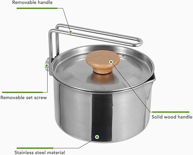 Camp Kettle, 1L Camping Pot with Foldable Handle, 304 Stainless Steel Camping Kettle for Outdoor Cooking, Backpacking Pot for Campfire, Stove - Ideal Portable Cookware for Camping, Hiking, Picnic