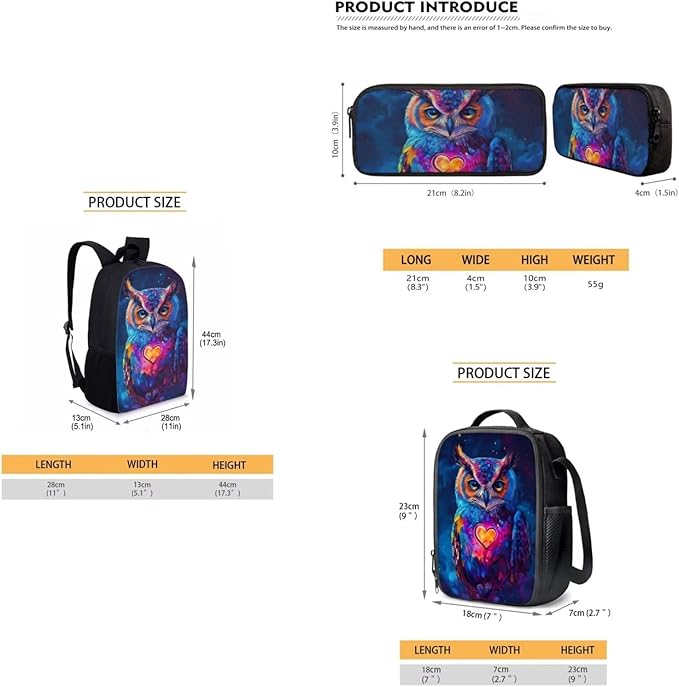 3 PCS Owl Print Travel Backpack Set for Women Men, 17 Inch Knapsack Rucksack Lunch Box with Thermal Insulated Pen Case, Black