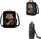 Tiger and Roses Printing 3 Pcs Boys Backpack Set, Matching Large Capacity Lunch Box and Dirt-resistant Pencil Case for Elementary School Students Travel Activities Outdoor