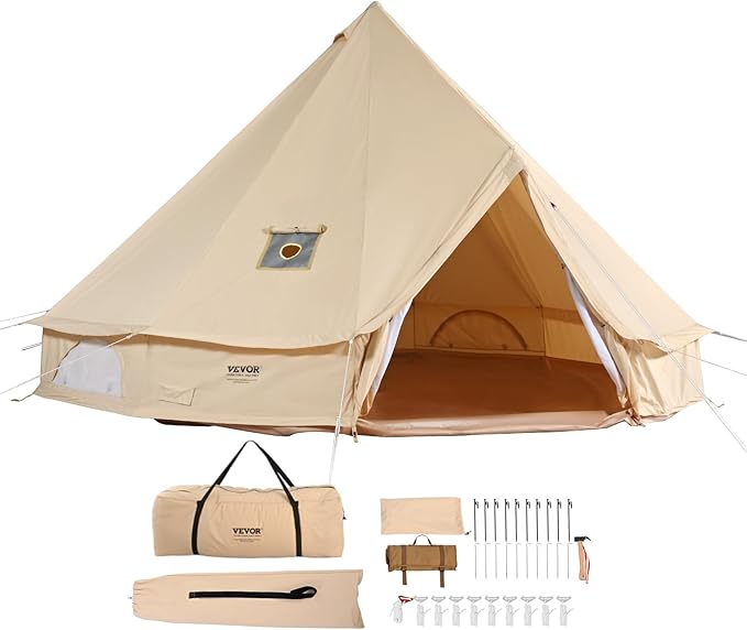 VEVOR Canvas Tent Bell, Yurt 4 Seasons for Camping with Stove Jack, Breathable Holds up to 4 People, Family Camping Outdoor Hunting Party