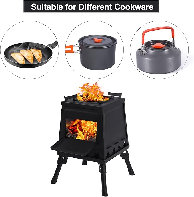 Lineslife Wood Burning Camp Stove, Portable Cast Iron Camping Wood Stove, Black Woodstove with Carrying Case for Backpacking Outdoor Cooking