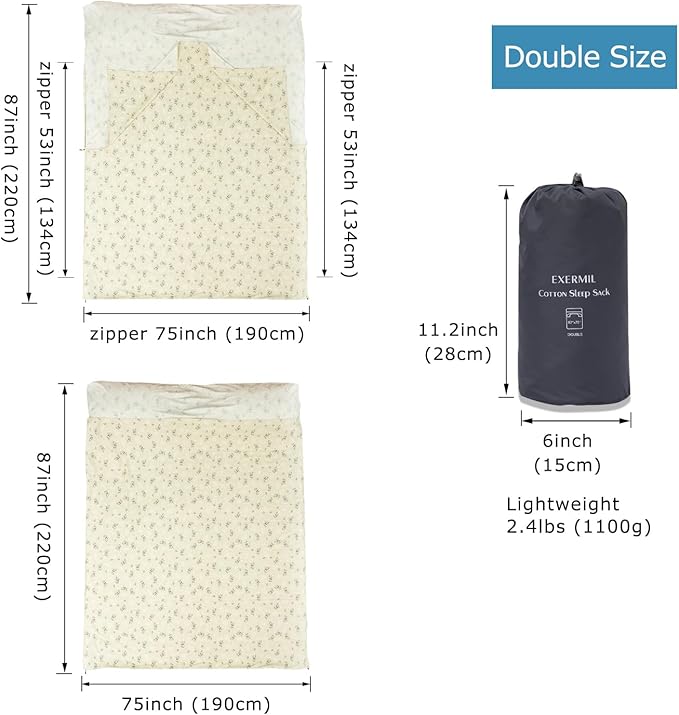 100% Cotton Sleeping Bag Liner with Full Length Zipper on 3 Sides; Single/Double Adult Sleep Sack for Travel & Camping, Multifunctional Travel Sheets (Unzipped 87”x87”) for Hotel, Lightweight