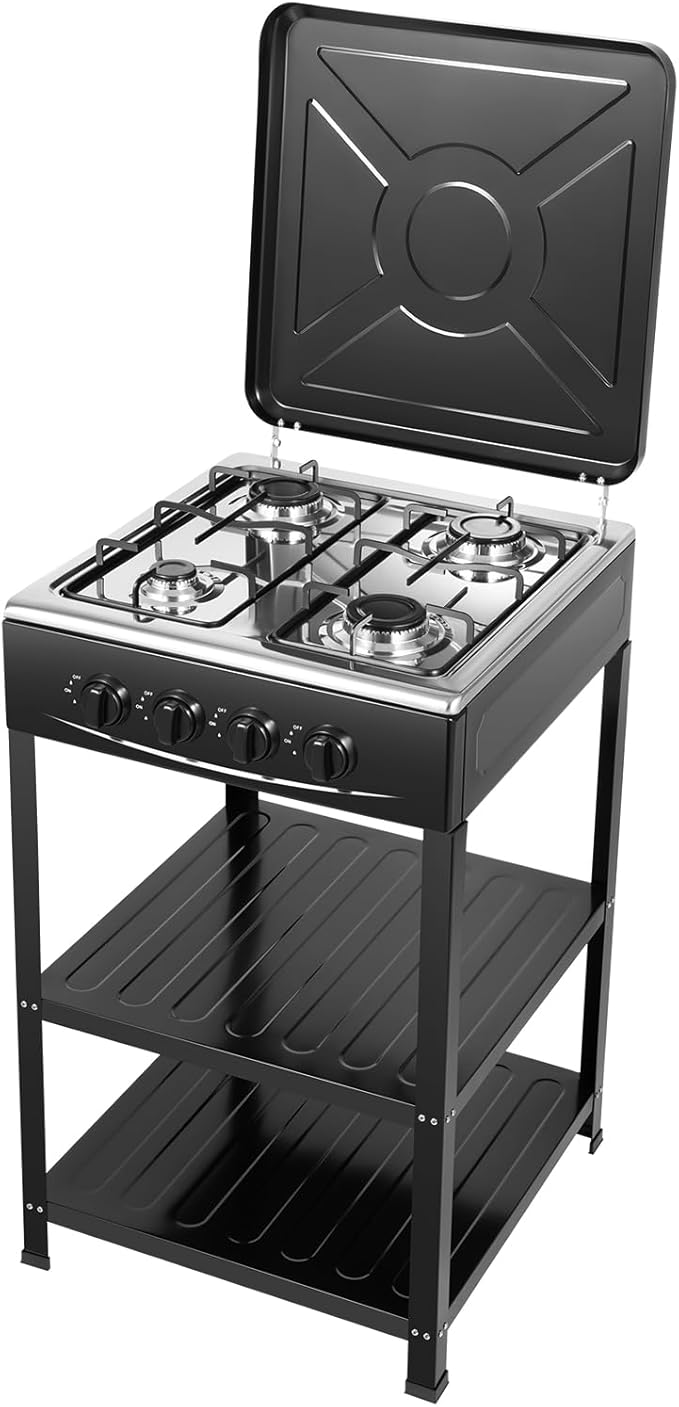 4 Burner Gas Stove, 300000BTU Portable LNG Camping Grill Stove Stainless Steel Manual Ignition Camping Stove w/Support Leg Stand and Wind Blocking Cover Adapter for Outdoor Camping Picnic RV Cooking