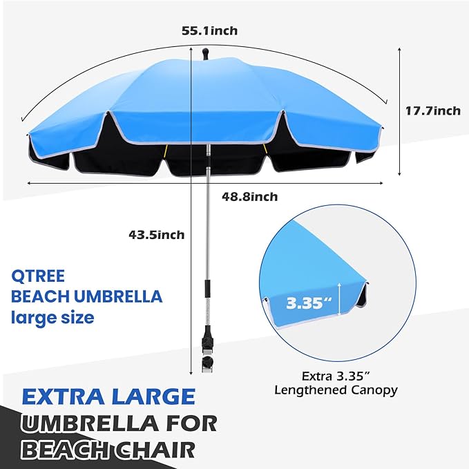 Umbrella 360°Adjustable Protection Stroller, 48.8" beach chair umbrella with clamp, high UV protection. 3 Adjustable areas 180°+360° for fishing, golf, beach, camping (chair not included)