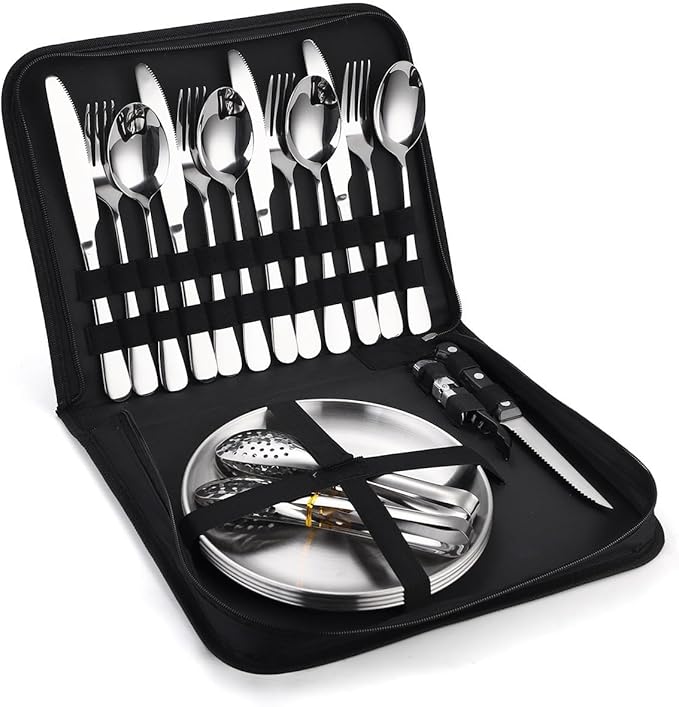 Flatware Silverware Set, 20-piece Outdoor Camping Stainless Steel Cutlery, Forks, Spoons, Plates, Food Clips, Portable Cutlery Bag Set, Tableware Cutlery Set (Color : Rose Gold, Size : 4Set