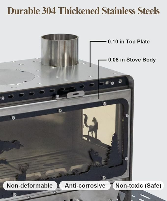 TOMOUNT Hot Tent Stove,Wood Stove with Frame Base,with 7 Chimney Pipes,304 Stainless Steel with heat-resistant Glass Window