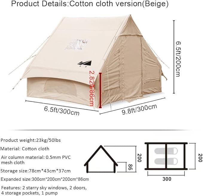 Large Luxury Inflatable Camping Tent Cotton Canvas Tent, Breathable and Waterproof Air Tent with Skylight and Stove Jack Hole for for 4-6-8-10 Person Family Camping