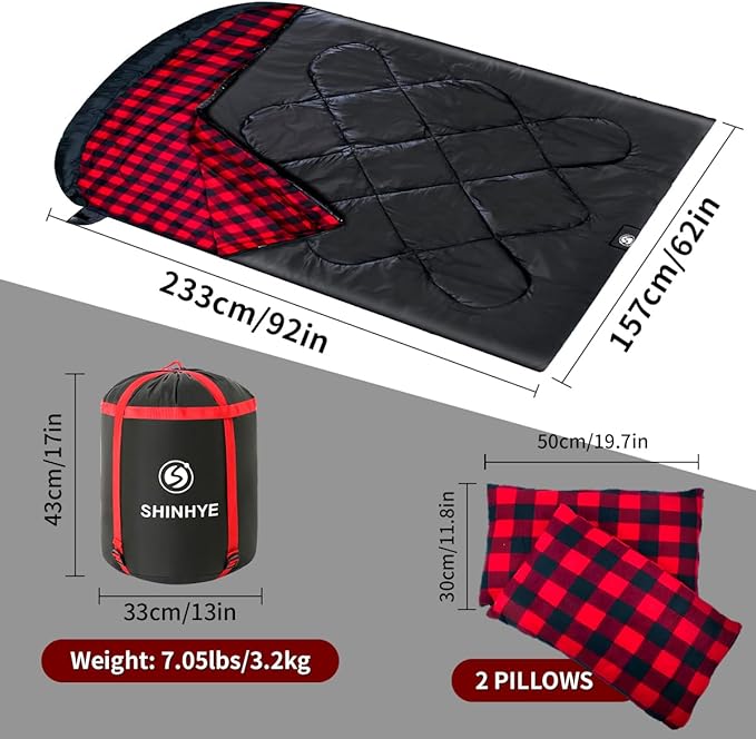 ShinHye Double Sleeping Bag for Adults with 2 Pillows, Camping Sleeping Bags Flannel Cotton 2 Person Sleeping Bags XXL Queen Size Sleeping Bag for Cold Weather