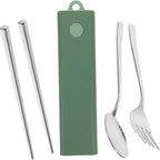 4 Sets Fork Spoon Chopsticks Stainless Steel Spoon Stainless Steel Utensils Set Travel Cutlery Reusable Spoon Spoon Fork Chopstick Portable Tableware Green Chopstick Rest