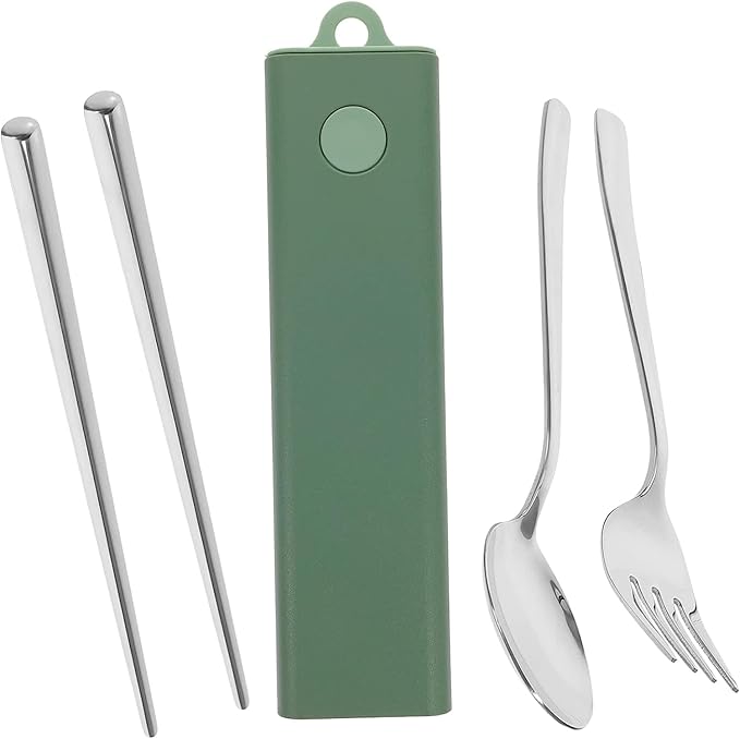 4 Sets Fork Spoon Chopsticks Stainless Steel Spoon Stainless Steel Utensils Set Travel Cutlery Reusable Spoon Spoon Fork Chopstick Portable Tableware Green Chopstick Rest