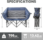 Double Camping Chair for Adults - Heavy Duty Folding Loveseat Support 700 lbs, 2 Person Padded Camping Couch Portable with Cup Holders & Storage Bag for Camping, Lawn, Sports, Blue