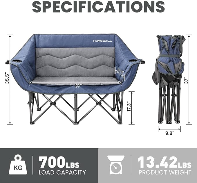 Double Camping Chair for Adults - Heavy Duty Folding Loveseat Support 700 lbs, 2 Person Padded Camping Couch Portable with Cup Holders & Storage Bag for Camping, Lawn, Sports, Blue