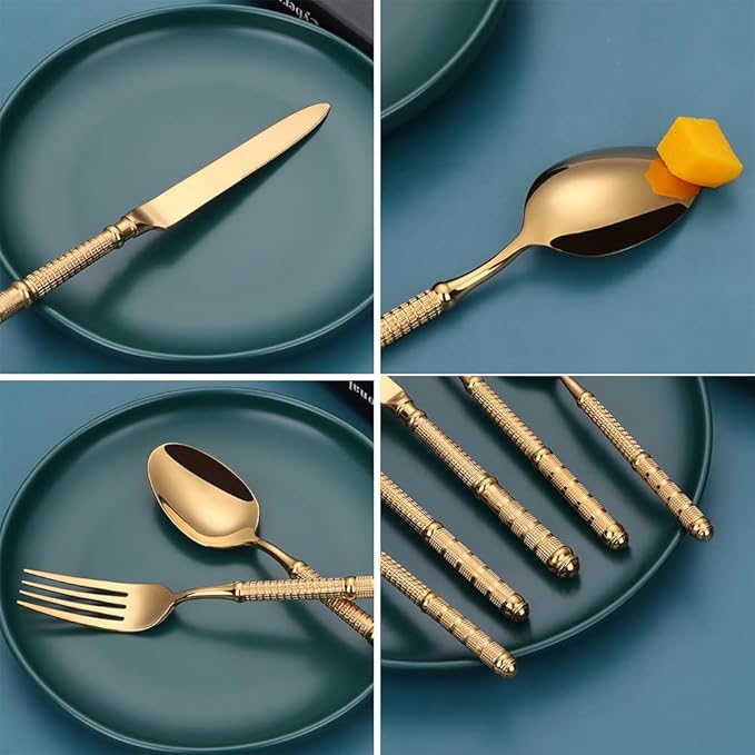 Gold 35 Piece Silverware Set Service for 7,Premium Stainless Steel Flatware Set Vintage Embossed Cutlery Utensil Set Home Kitchen Eating Tableware Set Include Fork Knife Spoon Set Dishwasher Safe