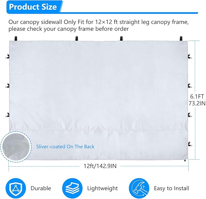 Joramoy Canopy Tent Sidewalls for 12×12 Pop Up Canopy, Instant Canopy SunWall with Waterproof and UV Protection Layer, Straight Leg Canopy Shade Wall, 1 Pack Sidewall Only(White), WB1212-White