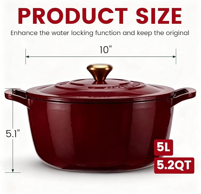 Enameled Cast Iron Dutch Oven with Lid – 5QT Heavy-Duty Pot, Oven Safe up to 500°F, Dual Handles, Ideal for Sourdough Bread Baking, Stews, Roasting, Braising – All Cooktops, Durable & Versatile Cookware (Red)