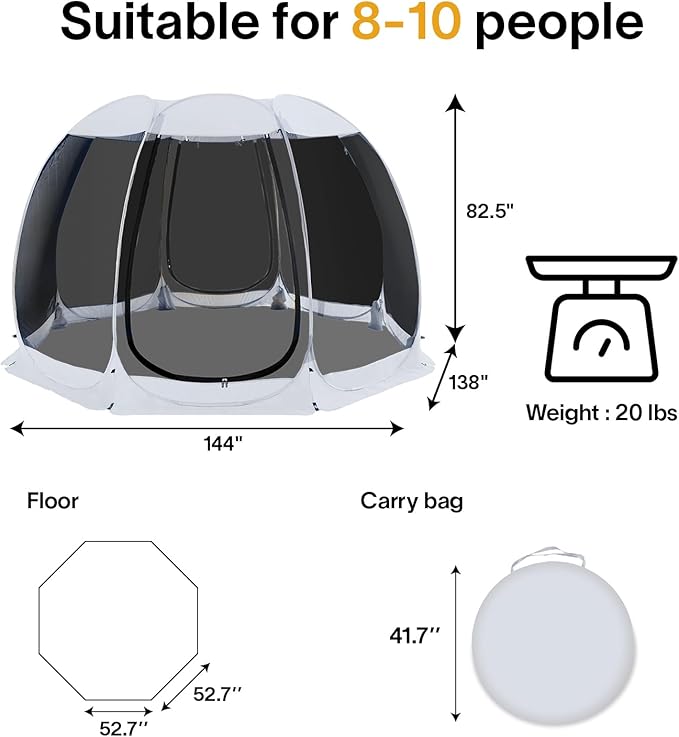 Alvantor Pop Up Screen House Gazebo with Mosquito Netting, Instant UV Resistant Sun Shelter for Patio & Backyard, Portable Canopy Tent for 2-10 Person