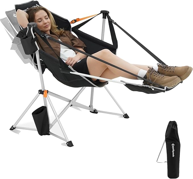 KingCamp Hammock Chair with Footrest – Heavy Duty Swinging Rocking Camping Chairs for Adults up to 400lbs, Folding Portable Oversized Rocker with Cup Holder & Pillow for Outdoor Beach Lawn RV Sports