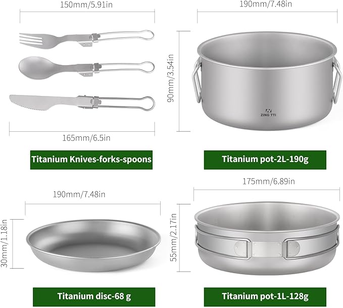 ZING TII Titanium Camping cookware Set, Camping Essentials，Camping Pot，Camping Gear，Camping pots and Pans Set with Pots, Cups，Pans，Tableware.