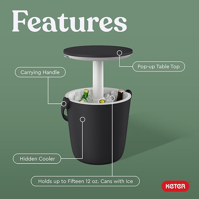 Keter Go Bar 4.2 Gallon Portable Beer and Wine Cooler with Handle and Pop Up Outdoor Table Perfect for Your Patio, Picnic, and Beach Accessories, Graphite