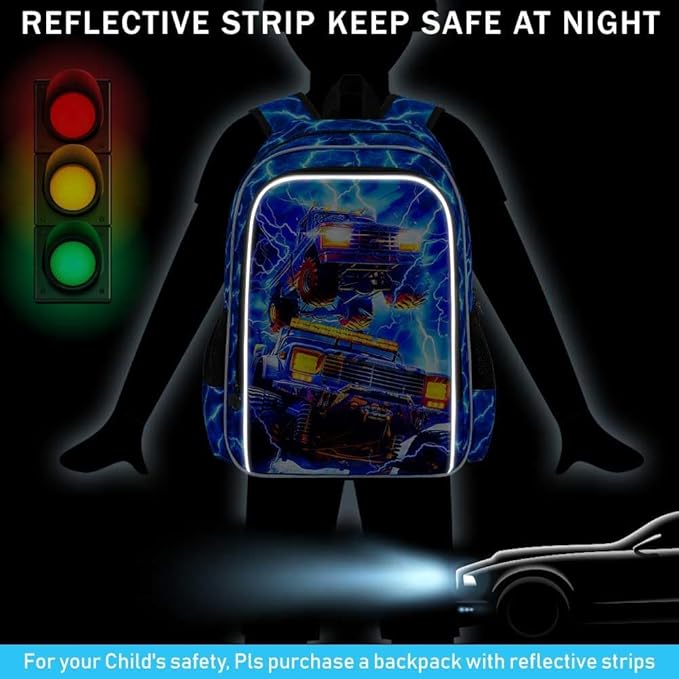17" Truck Backpack for Boy, 3Pcs Lightning Bookbag for Elementary Preschool Kindergarten, Kids School Thunder Backpacks with Lunch Box (Blue)