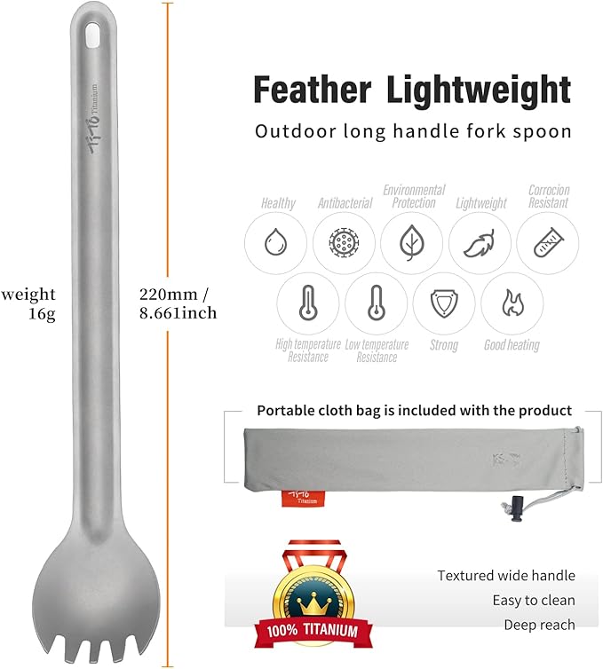 TiTo Titanium Long Handle Spork and Spoon Eco-Friendly Ultralight Portabale Flatware for Outdoor Camping Backpacking Hiking Travel Picnic Tableware with Bag(Spork)
