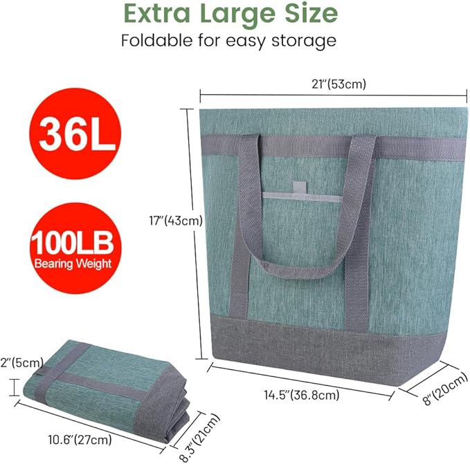 mosago Professional Insulated Food Delivery Bag, Large 39L Commercial Catering Tote for Pizza & Grocery, 3-Layer Thermal Leak-Resistant Shopping Bag, Heavy Duty Green Cationic Fabric, Collapsible