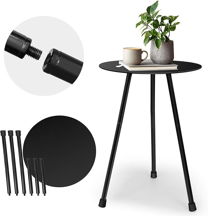12.2" Small Round Outdoor Side Table - Adjustable Height (11.4" & 18.1") Sturdy Metal End Table, Anti-Rust Coated Iron Plant Stand, Portable Camp Table for Tent, Beach, Balcony, Black