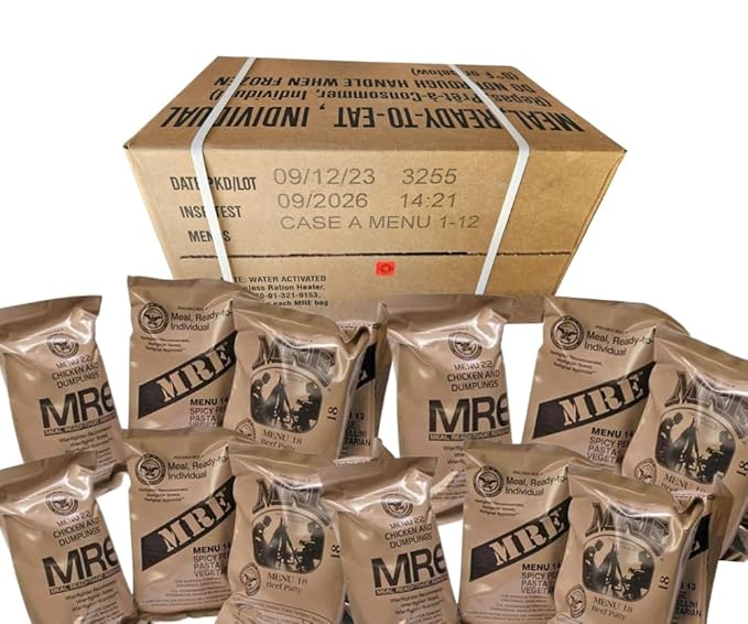 MRE B case 2026, 2027 inspection - Military meals ready to eat - 12 full food packs rations with 1,250 calories per meal and heater for camping - B case (menus 13-24)