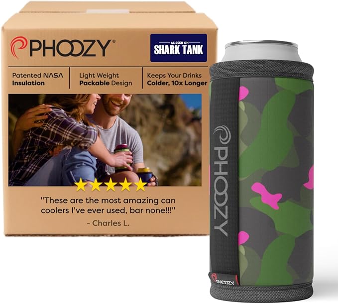 PHOOZY Insulated Can Cooler for Slim 12oz Cans with NASA-Inspired Technology - Patented Koozie That Keeps Drinks Cold 10x Longer - Lightweight Beer Koozie for Outdoor Adventures - Pink Camo